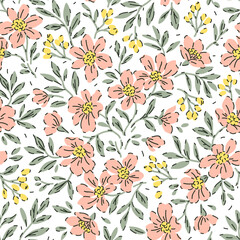 Vintage seamless floral pattern. Ditsy style background of small flowers. Yellow berries. Small coral flowers scattered over a white background. Stock vector for printing on surfaces and web design.