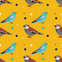 Pattern with sparrow, coraciiformes bird.