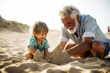 Old man and child playing sand on the beach on a sunny summer day Generated with AI... - obrazy, fototapety, plakaty