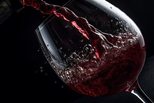 Pouring Red Wine Into A Glass Against A Dark Backdrop, A Scene Of Elegance And Celebration Unfurls. The Deep Hue Of The Merlot, The Subtle Motion, All Contribute To A Sense Of Allure. Generative AI.