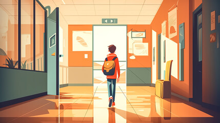 Schoolboy with a backpack in the school building, generative AI.