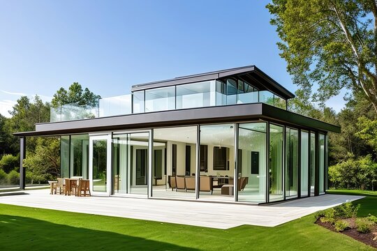 Design of modern cozy half-timbered glass house for sale or rent in luxurious style and beautiful landscaping on background. Generative AI.