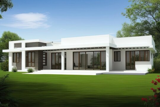 Design of modern cozy house for sale or rent in luxurious style and beautiful landscaping on background.. Generative AI.