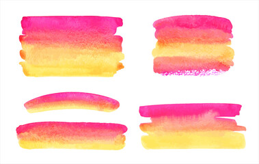 Pink, yellow, orange bright gradient vector watercolor brush strokes, stripes set. Banners collection, rectangle shape. Painted colorful watercolour stains texture. Aquarelle template, text background