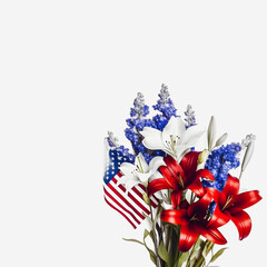 Blooming with Pride: American Flag Color Flowers on a White Background, Ideal for Copy Space