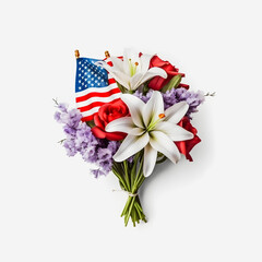 Floral Tribute: Vibrant American Flag Color Flowers on an Isolated White Background