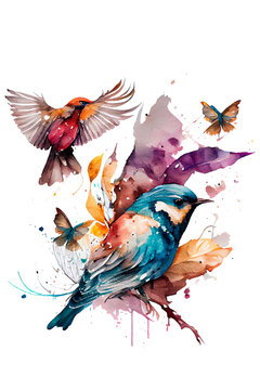 Floral summer design with hand-painted birds in different colors on white background. AI Generated