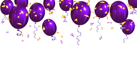 purple balloons with ribbons and gold confetti. Vector illustration - 602300709