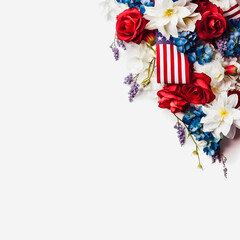 Patriotic Blooms: Vibrant American Flag Color Flowers on a White Background with Copy Space
