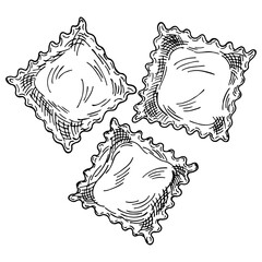Italian pasta ravioli with meat or cheese inside. Hand drawn sketch style illustration of traditional italian food. Best for menu designs and packaging. Vector drawing isolated on white background.