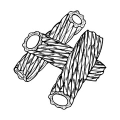 Italian pasta rigatoni. Hand drawn sketch style illustration of traditional italian food. Best for menu designs and packaging. Vector drawing isolated on white background.