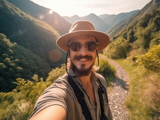 Fototapeta premium Sommerurlaub und Wandern in den Bergen. Glückliche Momente im Freien, generative AI.