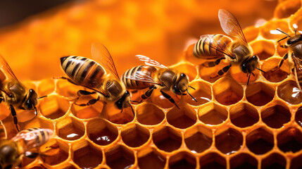 Closeup view of the working bees on honeycomb. AI