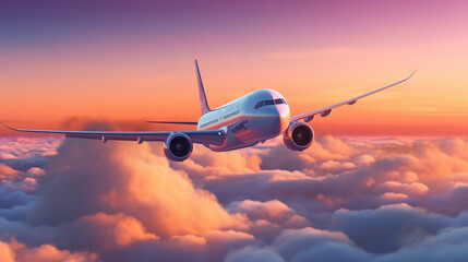 Fototapeta na wymiar Airplane in the sky at sunset. AI