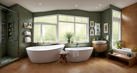 Naklejka na ściany i meble Photo of a luxurious bathroom with a spacious tub and elegant sink