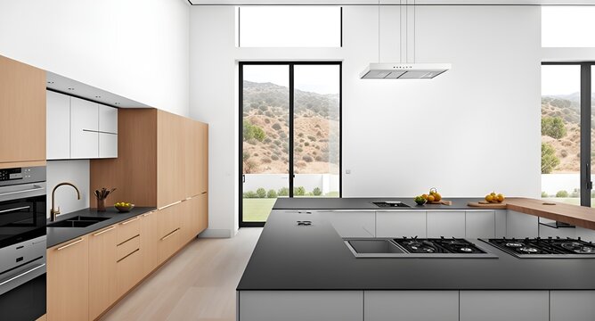 Photo of a modern kitchen with a sleek stove top oven and natural light pouring in through the window