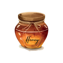 Hand drawn illustration with yellow jar honey watercolor white background. Delicious food. Summer