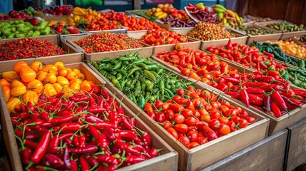 Exhibition of grocery stalls selling hot peppers of different types and colors. Generative AI