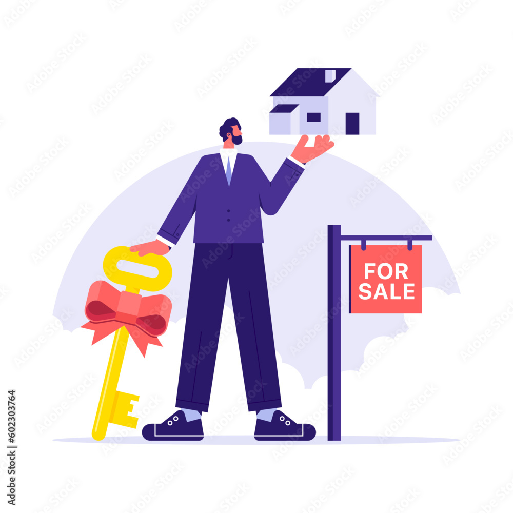 Wall mural Home for sale, selling house, realtor holding keys from house for sale, real estate broker shows the house for sale, vector illustration