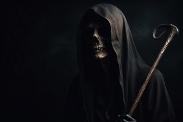 Grim reaper with hooded robe on dark background with copy space. Generative AI - obrazy, fototapety, plakaty