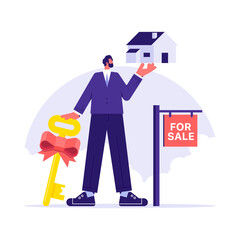 Home for sale, selling house, realtor holding keys from house for sale, real estate broker shows the house for sale, vector illustration