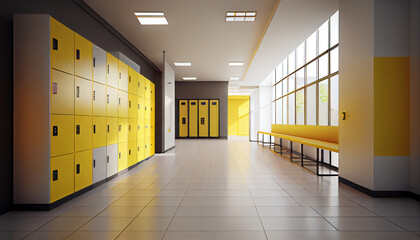 Yellow Room with school lockers, Changing room elementary school, Security blue lockers, Changing room in school Generative AI