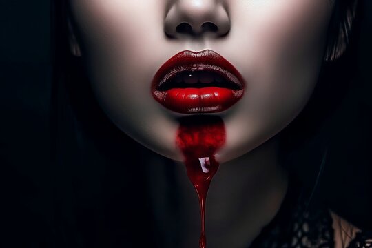 Close-up of woman's lips with red lipstick with blood dripping down her chin