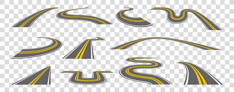 Road way. Automobile path. Straight and curve in perspective. Route to horizon line. Highway lane. Car transportation. Isolated speedway elements set. Vector current cartoon illustration