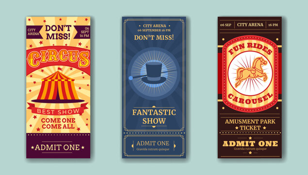 Circus carnival tickets. Vintage posters. Amusement show labels with clowns and funfair. Colorful fonts. Carousel pass. Illusionist performance. Vector invitation flyers design set