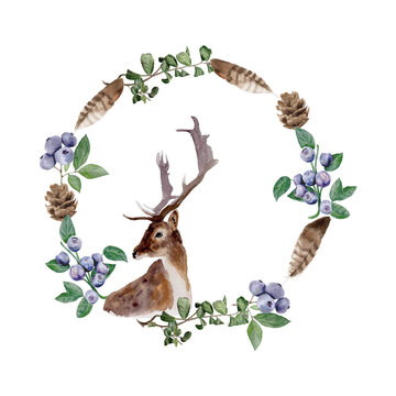 Hand painted watercolor wreath with blueberries, feathers, pine cones and deer