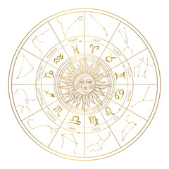 Fototapeta na wymiar Astrological golden zodiac wheel with constellations and signs, horoscope vector symbols with sun and moon. Mystical divination wheel, natal chart. Line art engraving.