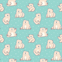 Seamless Pattern of Cartoon Bear Design on Pastel Green Background with White Dots