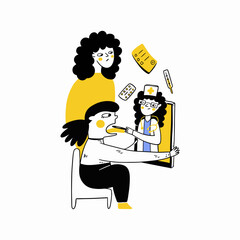 child at the appointment with a pediatrician in the phone, online medical consultation concept