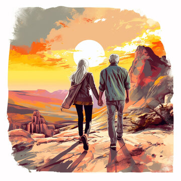 Senior Couble on a Hike Together Generative AI Artwork 
