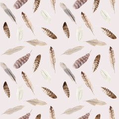 Hand painted watercolor seamless pattern with feathers 