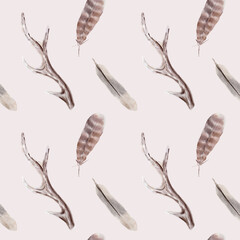 Hand painted watercolor seamless pattern with deer antlers and feathers
