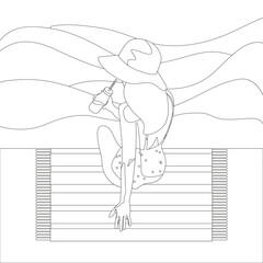 A beautiful girl with long hair sitting on the carpet with hat and swimsuit looking at sea and deinking cocktail in out line art style on white background