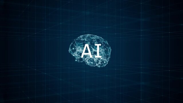 Motion graphic of Blue polygon digital brain logo and AI letter with dot and line connection rotation on futuristic technology abstract background robot assistant and artificial intelligence concepts