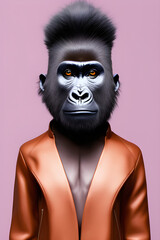 Anthropomorphic stylish gorilla in a trendy jacket, generative ai