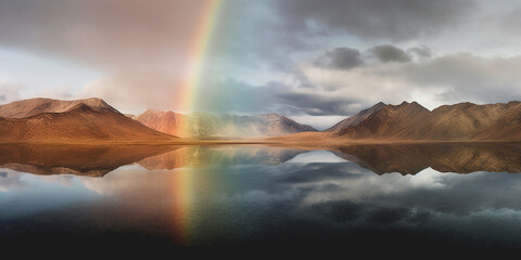 Pride, a landscape of mountains with water and rainbows. The sky, the clouds. Rainbow accent.
