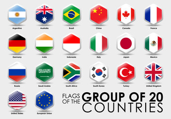 Flags of the G20 Countries. Simple Hexagon shape design. National flags icon set. Vector illustration on gray background