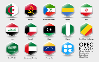 Opec countries. Flags of opec the organization of the petroleum exporting countries. Simple Hexagon shape design