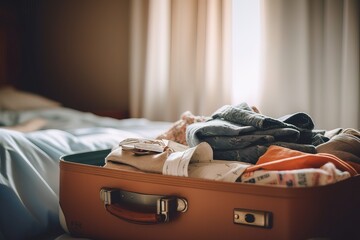 Suitcase full of clothes on the bed in the bedroom.