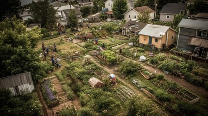 Fototapeta premium Aerial view of a garden with people working in the garden.
