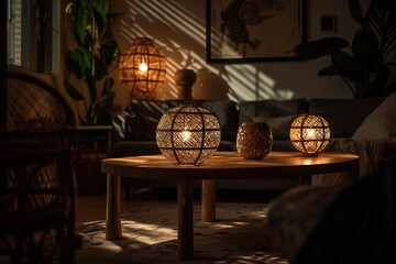 Lanterns on a wooden table in the living room.
