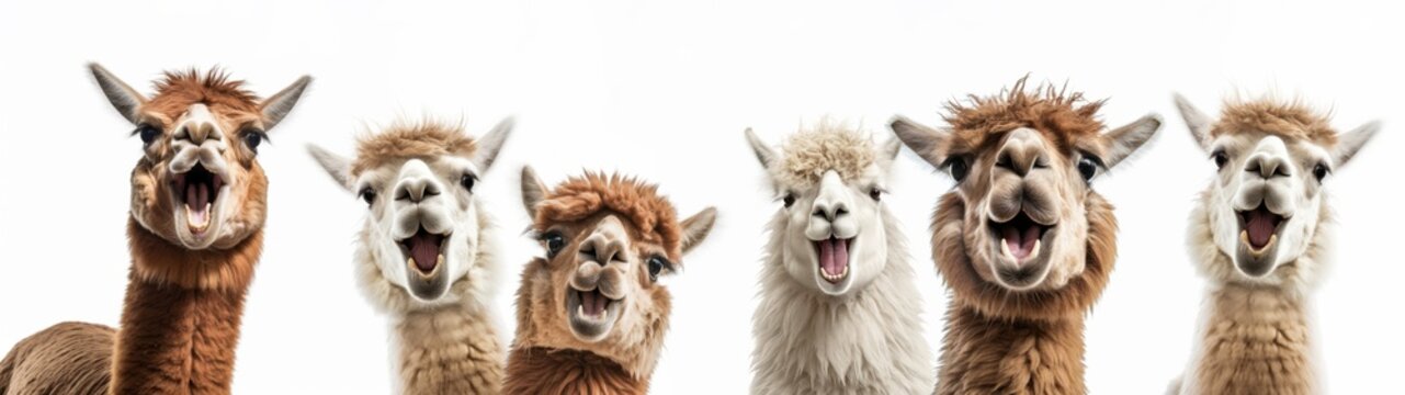 Alpacas animals banner panorama long - Collection close uo portrait headshot head of cute sweet funny laughing smiling group of alpaca (vicugna pacos), isolated on white background, Generative Ai