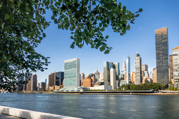 Fototapeta na wymiar United Nations and lower Manhattan from Roosevelt Island