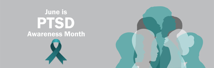 PTSD Awareness Month design banner with silhouette of people on a grey background. Vector illustration