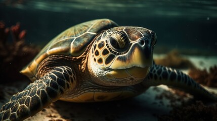 Close up of a sea turtle in the water.
