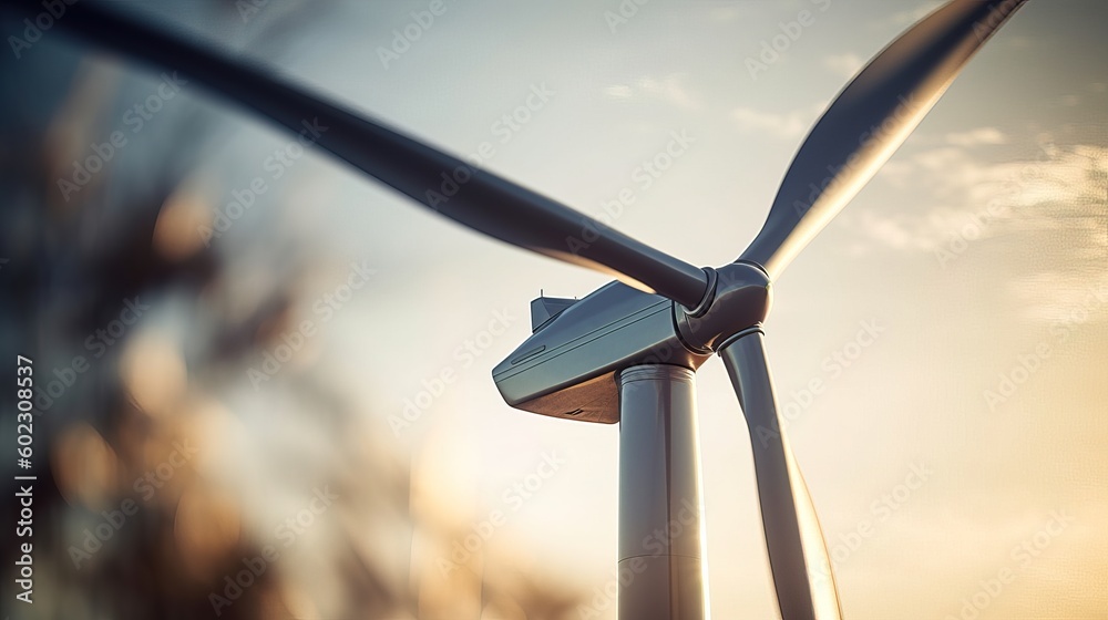 Wall mural close up of a wind turbine at sunset. alternative energy source.